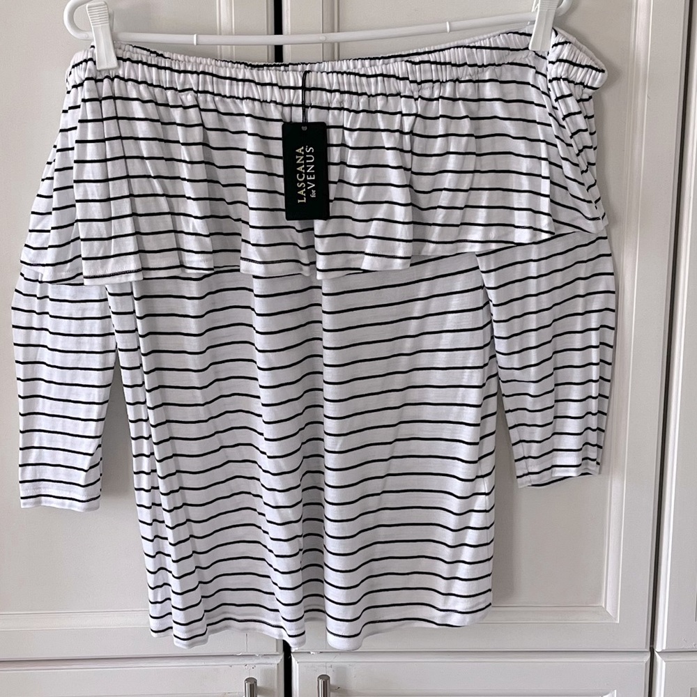 Lascana for Venus white w thin black stripes ruffled off the shoulder shirt (M)